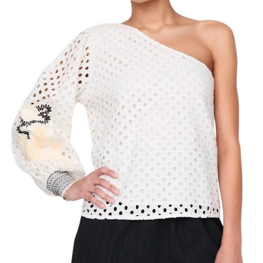 Marie Oliver. Trish Top. 100% Cotton Eyelet. Embroidery. One shoulder. Off White